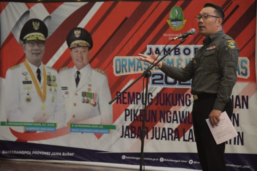 Gubernur Jawa Barat (Jabar) Ridwan Kamil saat acara Jambore Ormas, LSM, dan Komunitas Jabar 2020 di Sport Jabar, Arcamanik, Kota Bandung, Selasa (10/3/20). (Foto: Rizal/Humas Jabar)