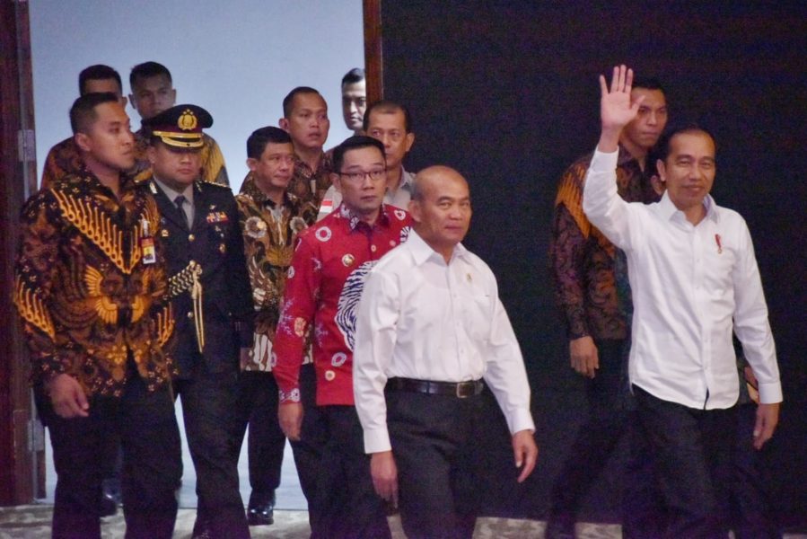 Gubernur Jabar Ridwan Kamil mendampingi Presiden RI Joko Widodo dalam Rapat Koordinasi Nasional Penanggulangan Bencana (Rakornas PB) 2020 di Sentul International Convention Center (SICC), Kabupaten Bogor, Selasa (4/2/2020).(Foto: Rizal/Humas Jabar)