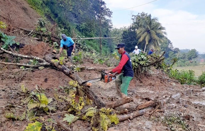 Foto : Warga Bergotong-royong melakukan pemotongan dan pembersihan Pohon yang tumbang terbawa matrial longsor hingga menutup jalan Tayem-Cipicung Desa Bengbulang Kecamatan Karangpucung.Rabu (8/4)/TASLIM INDRA